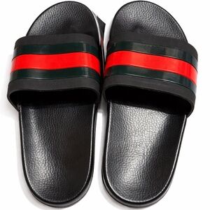 NWT Gucci Web Stripe Rubber Slides Sz 9W / 7.5M – Black Red Green Iconic Logo